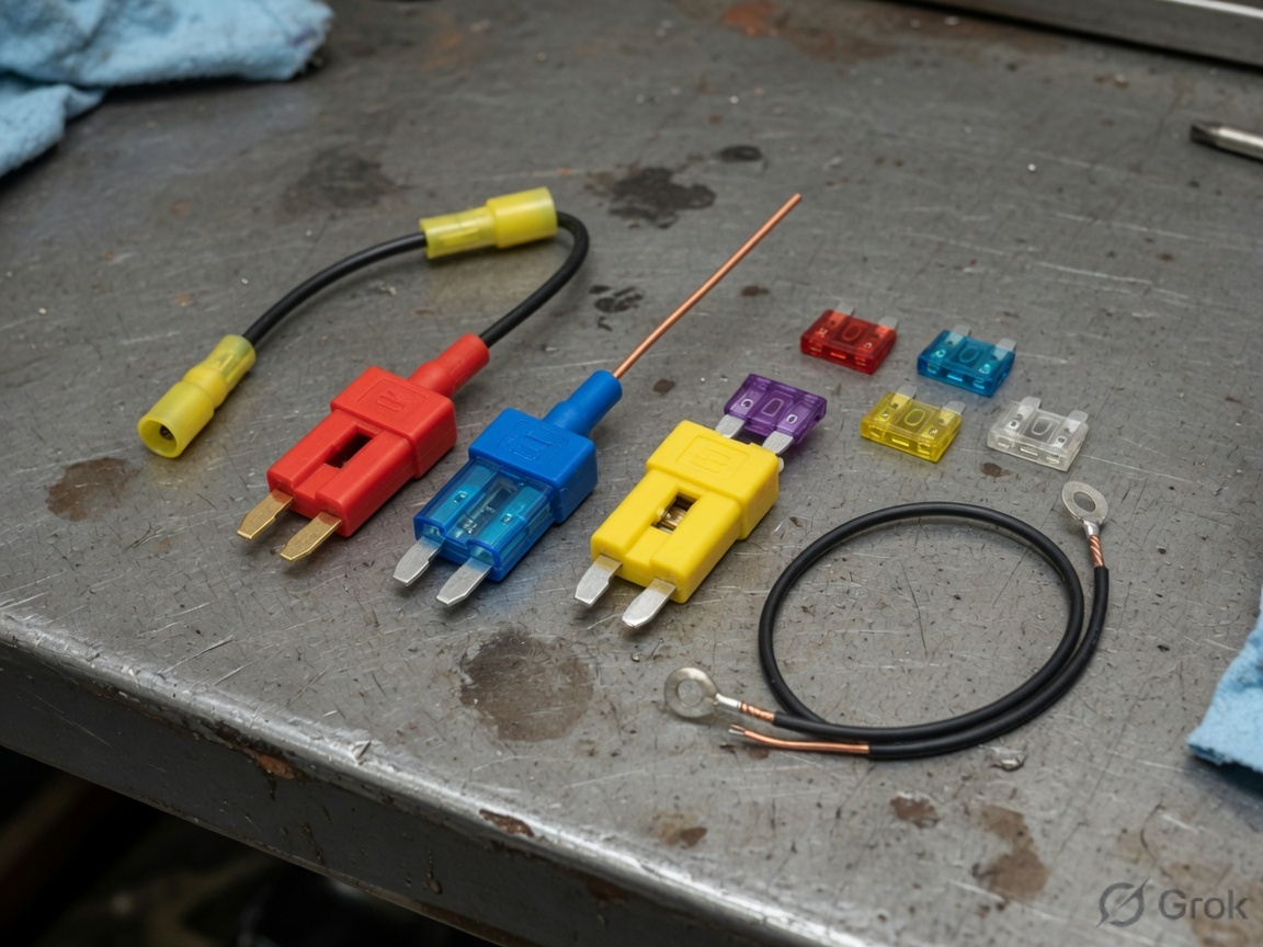Colored fuse taps and mini fuses on a metal auto bench