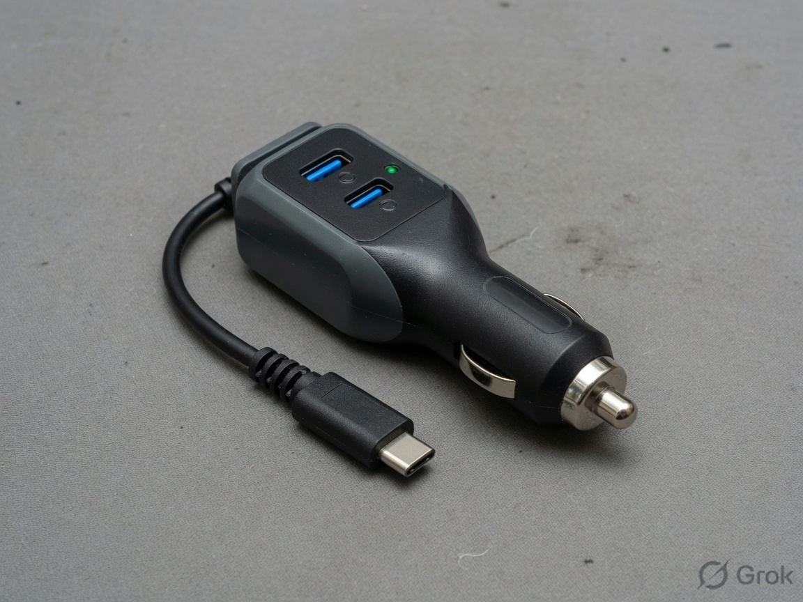 Dual USB-C car charger with a 12-volt plug on a gray mat